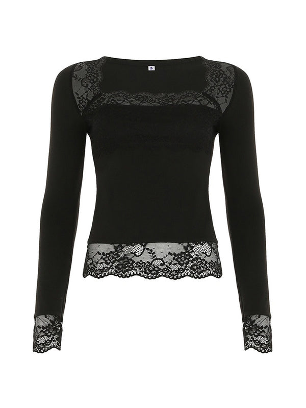 Lace Patchwork Square Neck Long Sleeve Top