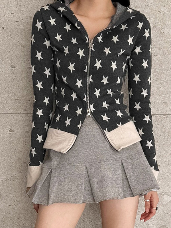 Star Print Contrast Zip-Up Hooded Sweatshirt