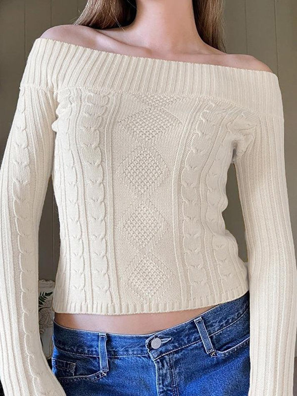 Knit Braided Pattern Boat Neckline Slim Fit Crop Sweater