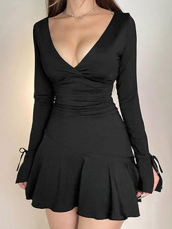 Backless Tie V-Neck Bow Split Long Sleeve Dress