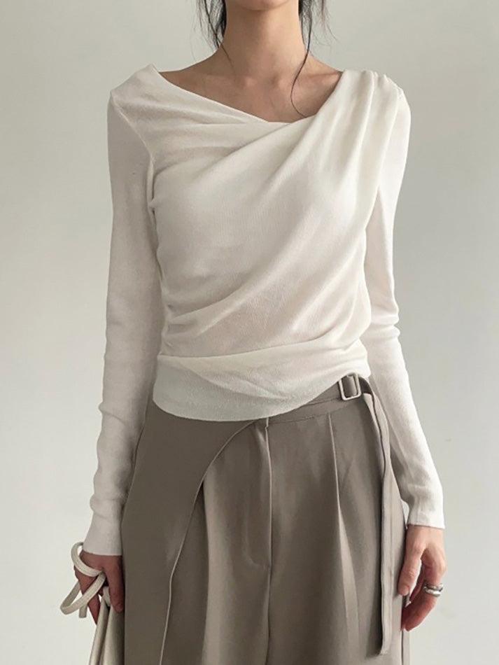 Off-Shoulder Asymmetrical Ruched Solid Long Sleeve Top