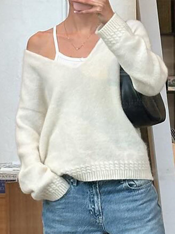 V Neck Solid Color Oversized Sweater