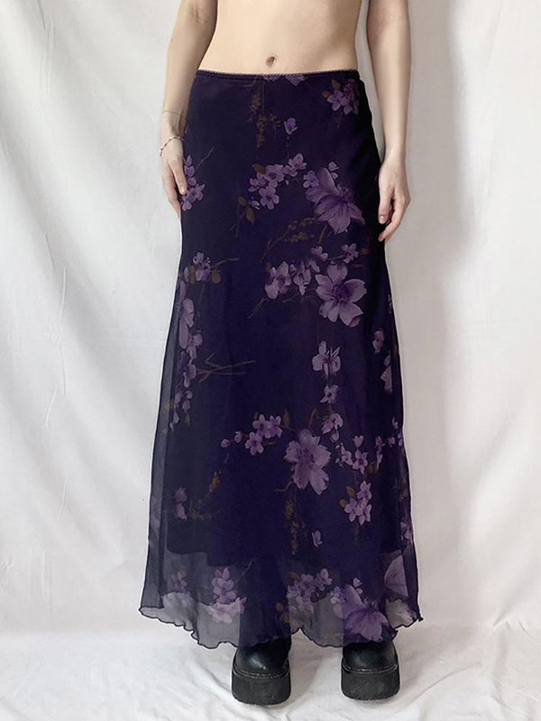 Purple Floral Print Mesh Maxi Dress