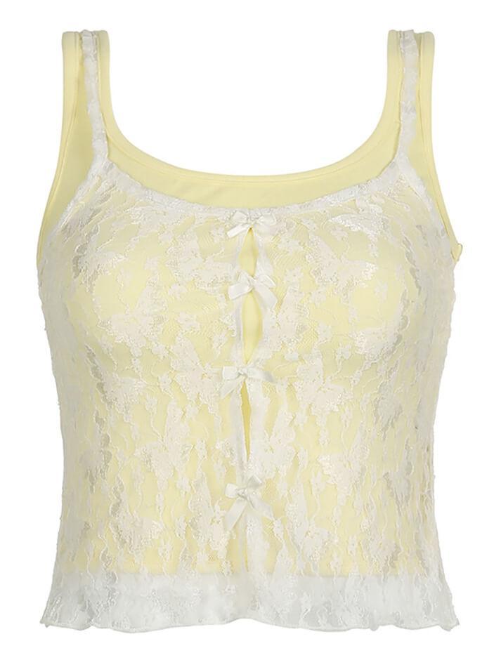 Lace Patchwork Yellow Bow Cami Tank Top - AnotherChill