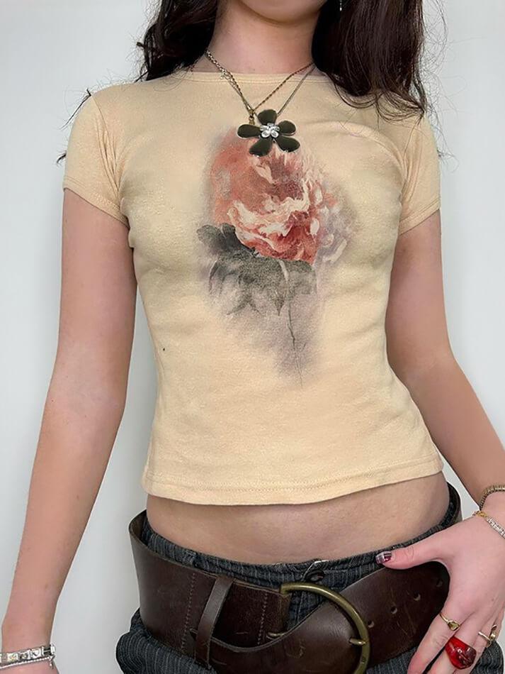 Short Sleeve Rose Print Slim-Fit Crop T-Shirt - AnotherChill