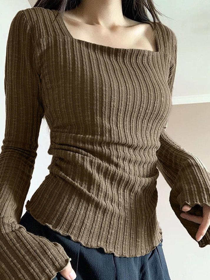 Square Neck Flare Sleeve Slim Knit - AnotherChill