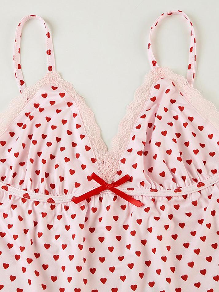 Heart Print Lace Trim V-Neck Two-Piece Set