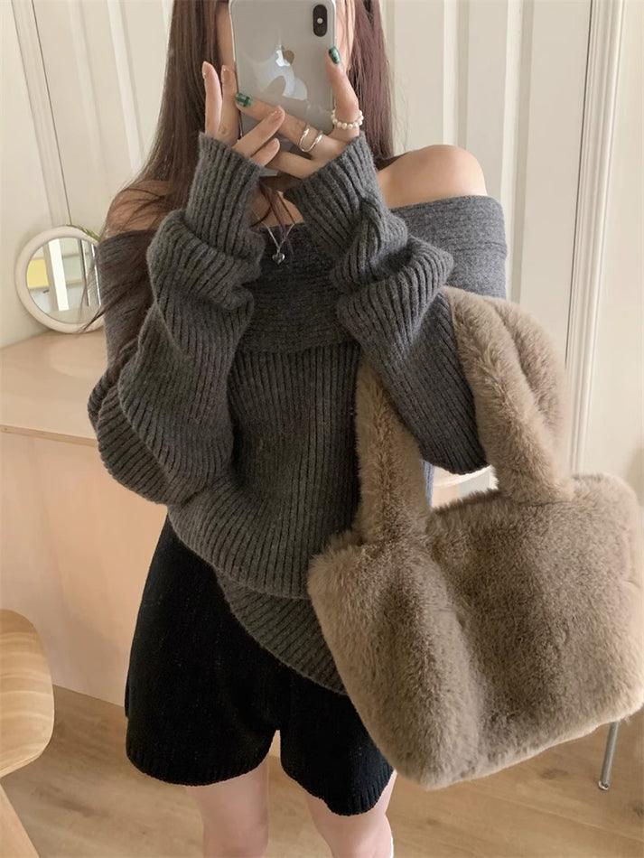 Solid Off Shoulder Knit Sweater - AnotherChill