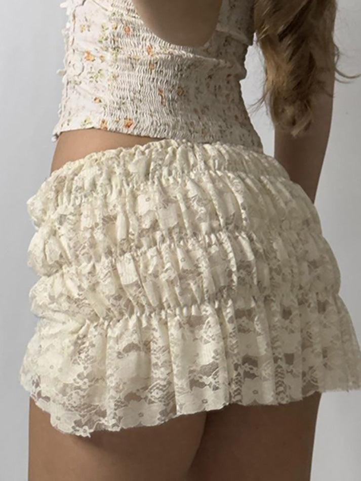 Lace Ruched Low-Rise Double-Layer Mini Skirt