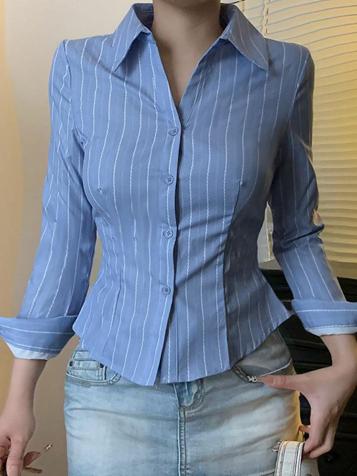 Blue Striped Collared Long Sleeve Shirt