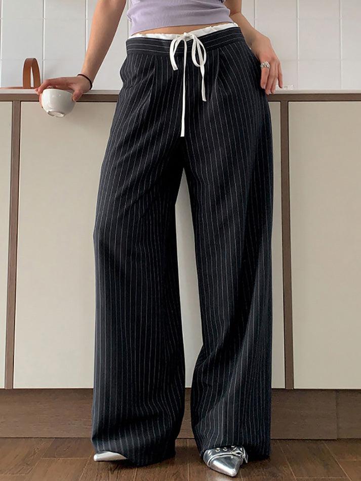 Patchwork Stripe Contrast Color Wide Leg Pants - AnotherChill