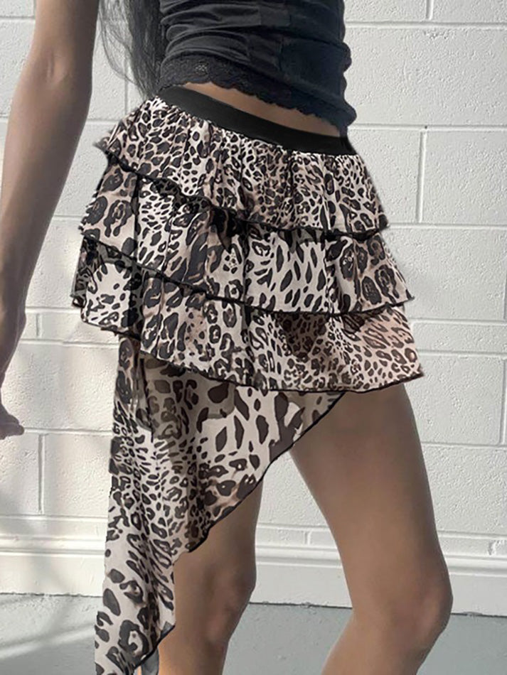 Leopard Print Irregular Ruffle Mini Skirt