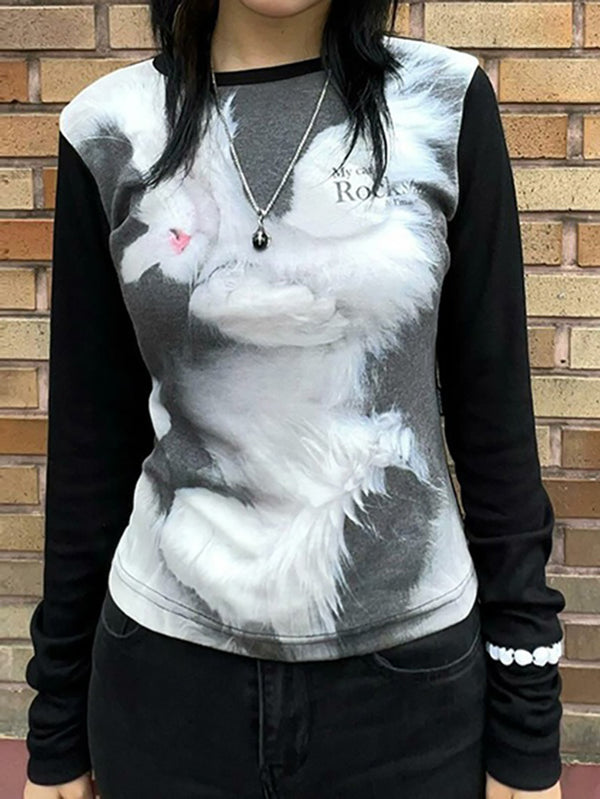 Cute Cat Print Crew Neck Knit Top