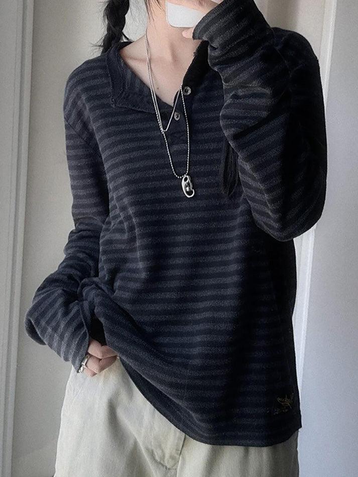 Striped Button-Up Loose Crew Neck Knit Top