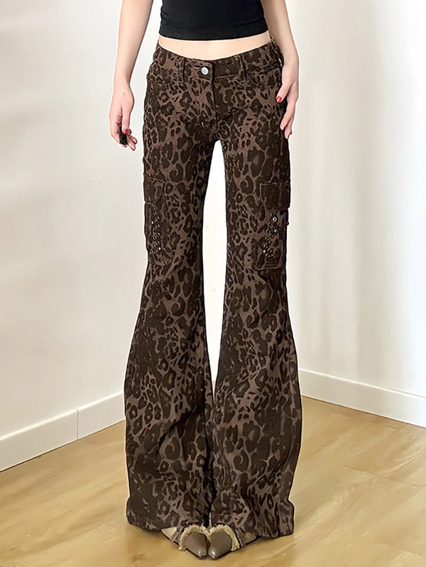 Vintage Leopard Print Multi-Pocket Flared Jeans