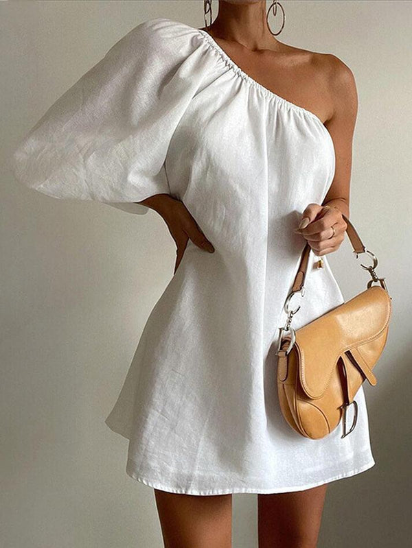 Aegean Cotton Linen One Sleeve Short Dress - AnotherChill