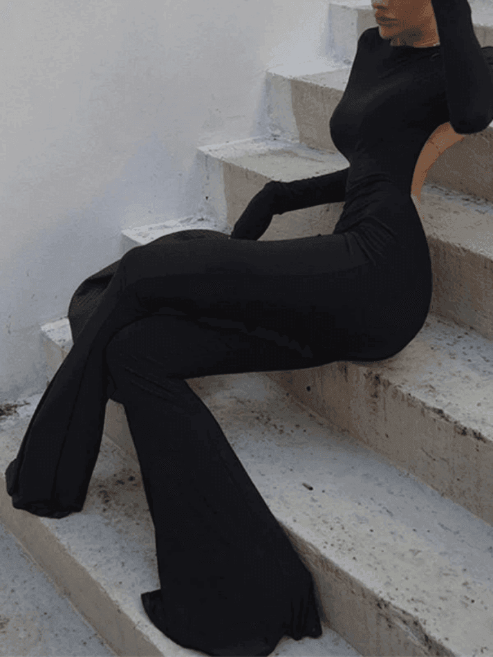 Backless Long Sleeve Flare Leg Jumpsuit - AnotherChill