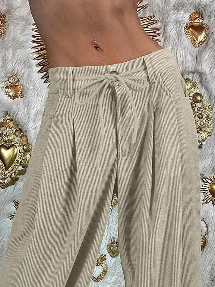 Basic Tie-Waist High-Rise Corduroy Pants - AnotherChill