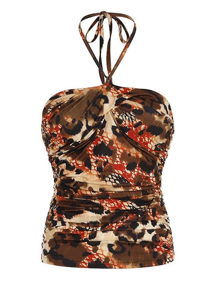 Vintage Print Sexy Backless Halter Tank Top