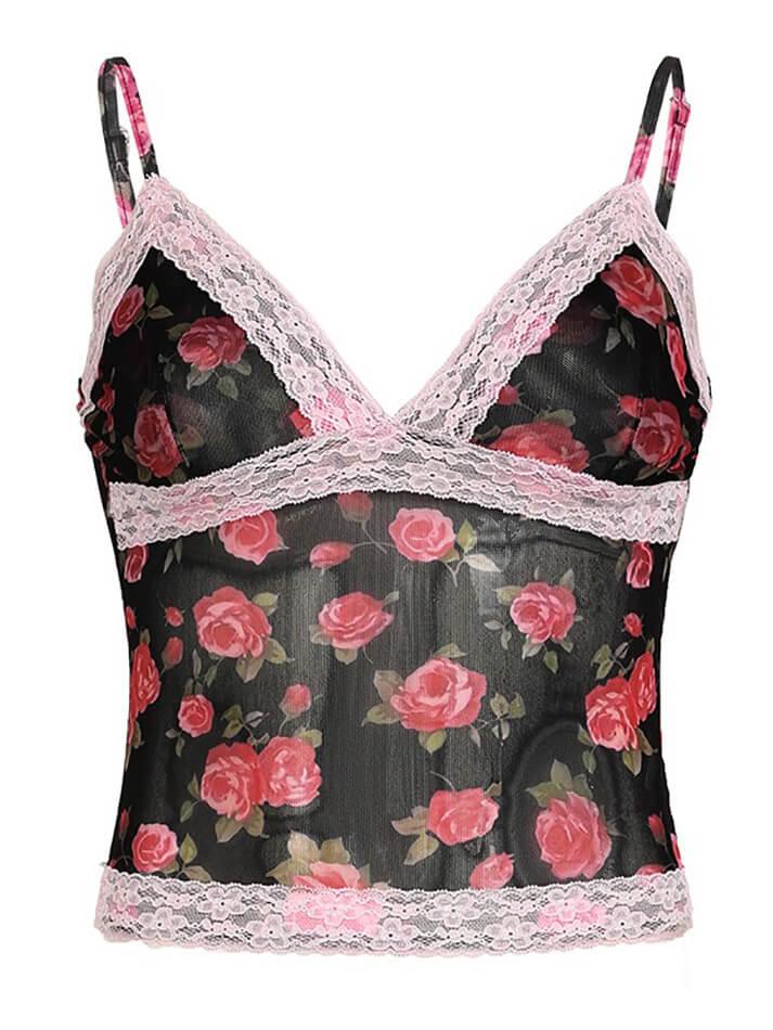 Rose Printed Lace Patchwork Mesh Cami Top - AnotherChill