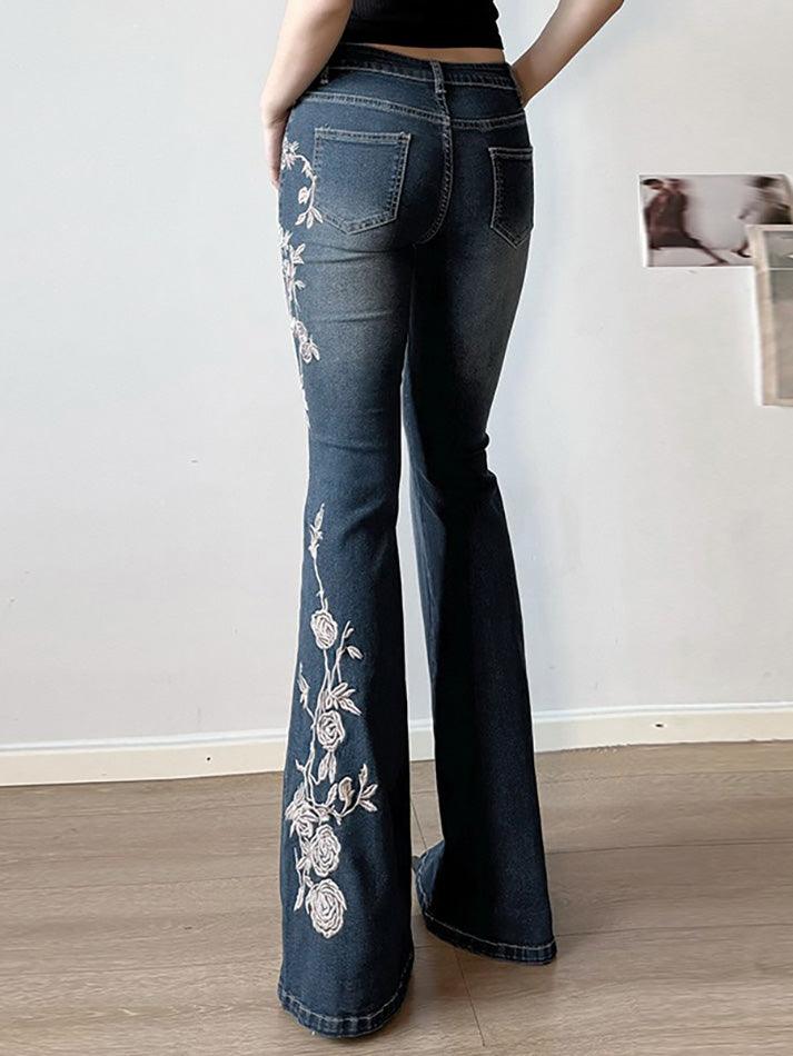 Vintage Rose Embroidery Gradient Flared Jeans