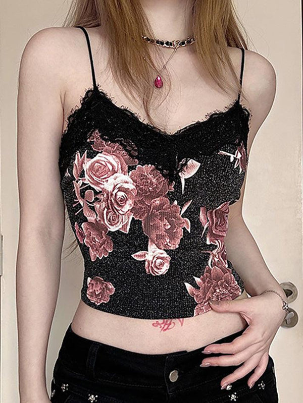 Black Lace Rose Print V-Neck Cami Top - AnotherChill