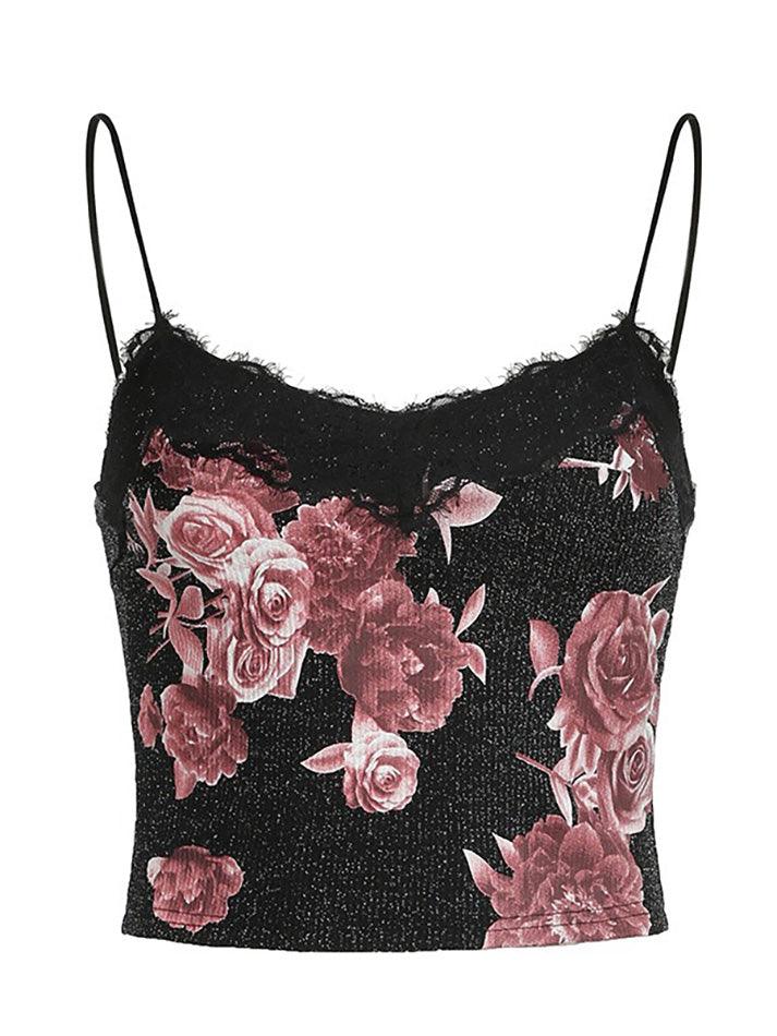 Black Lace Rose Print V-Neck Cami Top - AnotherChill