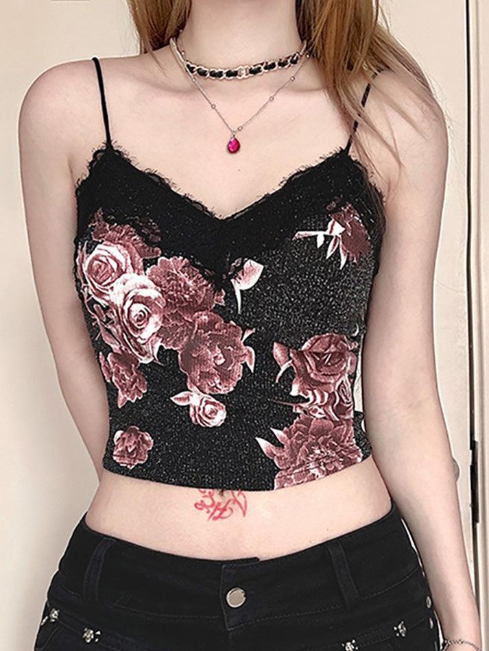 Black Lace Rose Print V-Neck Cami Top - AnotherChill