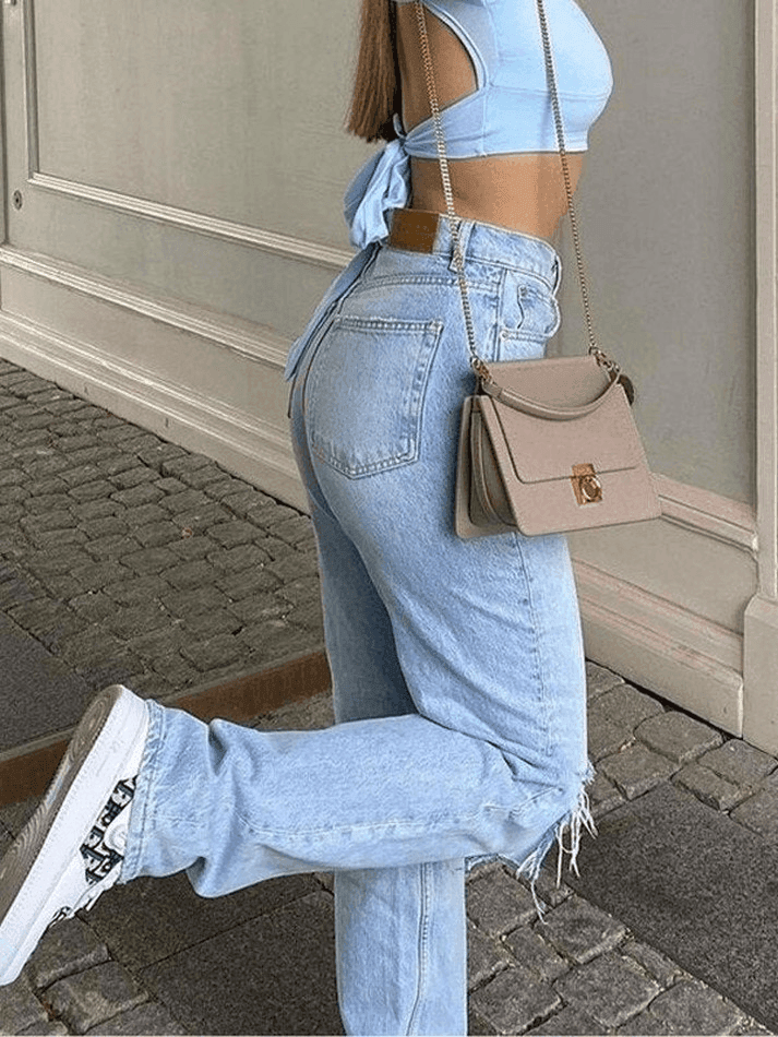 Blue Wash Straight Leg Knee Ripped Jeans - AnotherChill