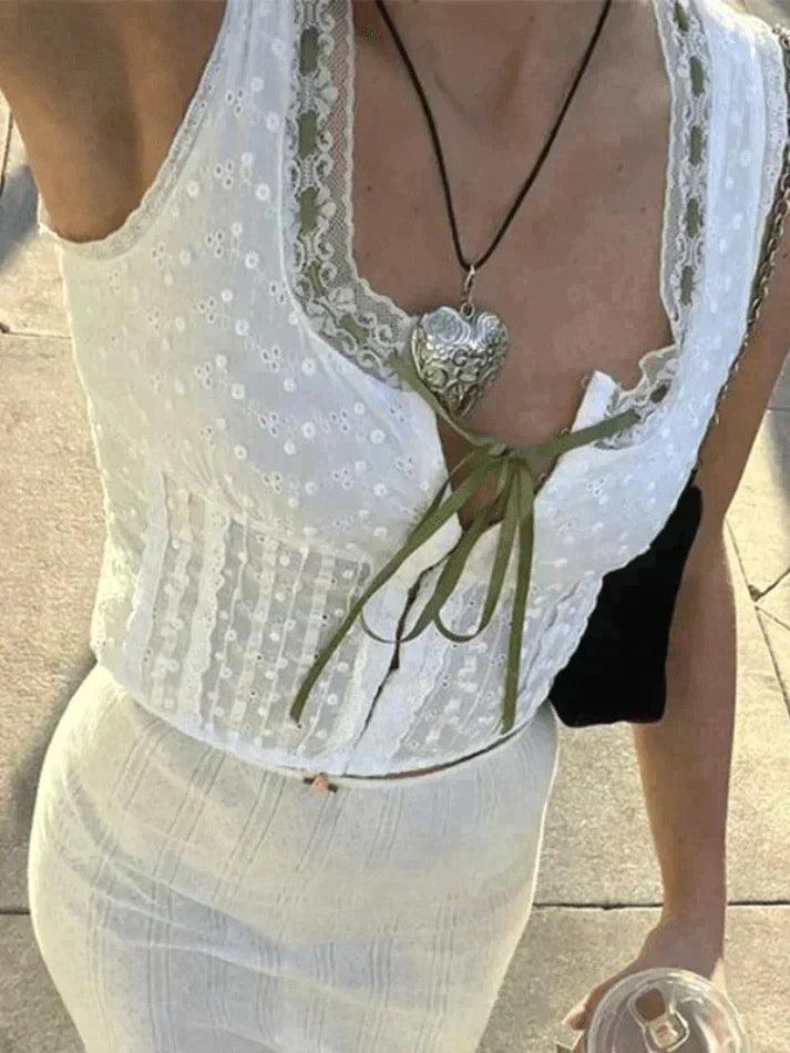 Broderie Lace White Cropped Tank Top - AnotherChill