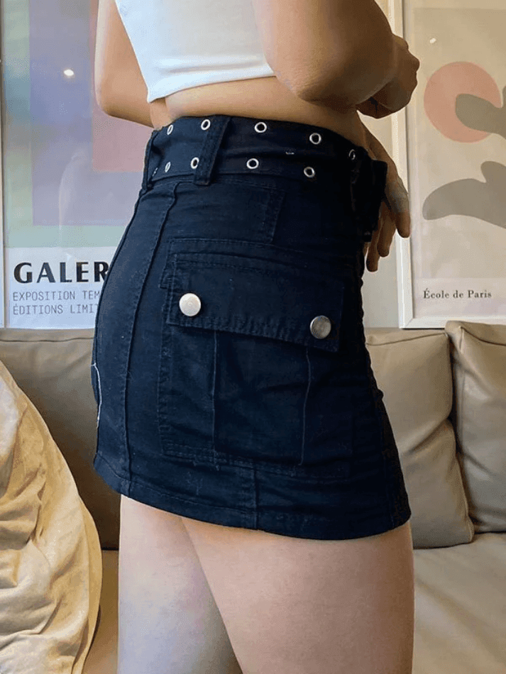 Buckle Belt Denim Cargo Mini Skirt - AnotherChill