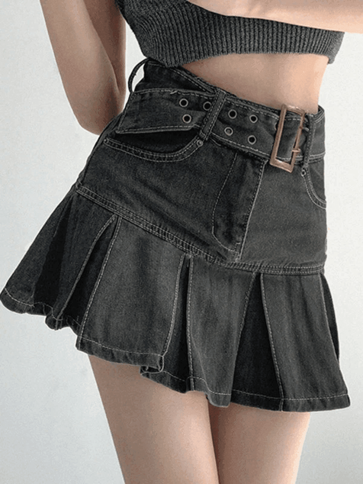 Buckle Belt Pleated Denim Mini Skirt - AnotherChill