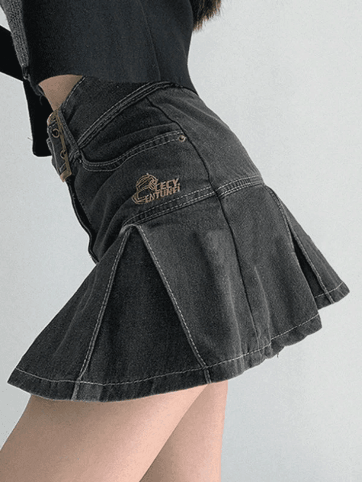 Buckle Belt Pleated Denim Mini Skirt - AnotherChill