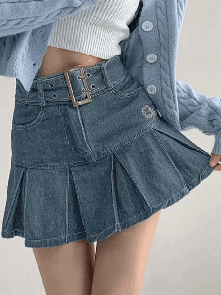 Buckle Belt Pleated Denim Mini Skirt - AnotherChill