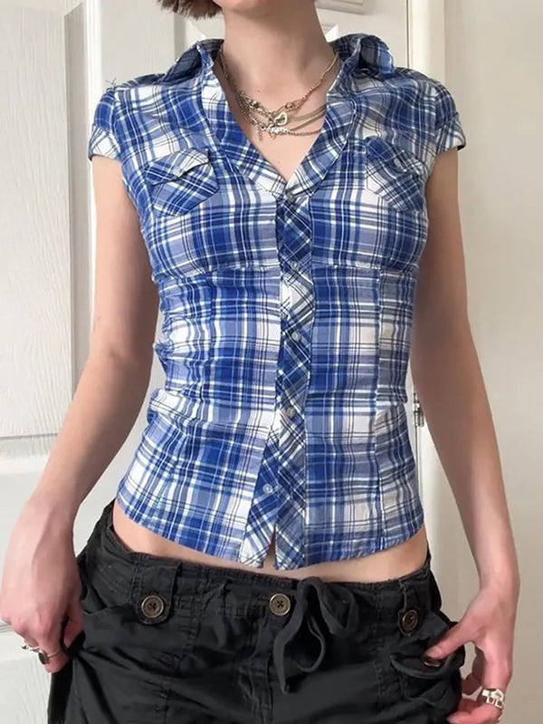 Vintage Plaid Button-Up Collared Short Sleeve Shirt