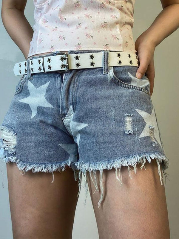 Random Star Print Ripped Low Rise Denim Shorts - AnotherChill