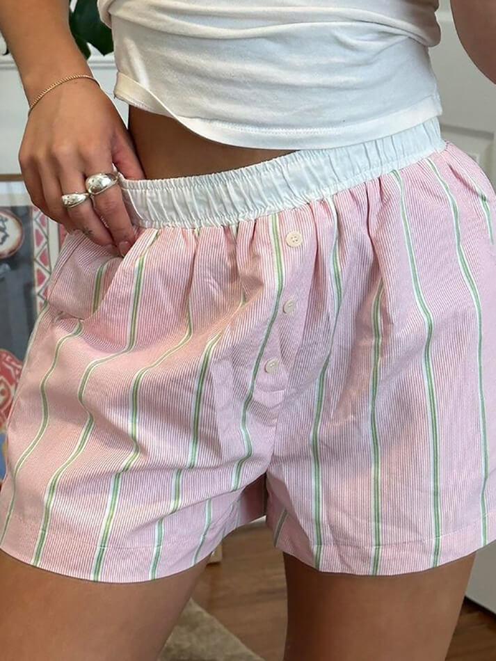 Contrast Button Patchwork Striped Shorts - AnotherChill