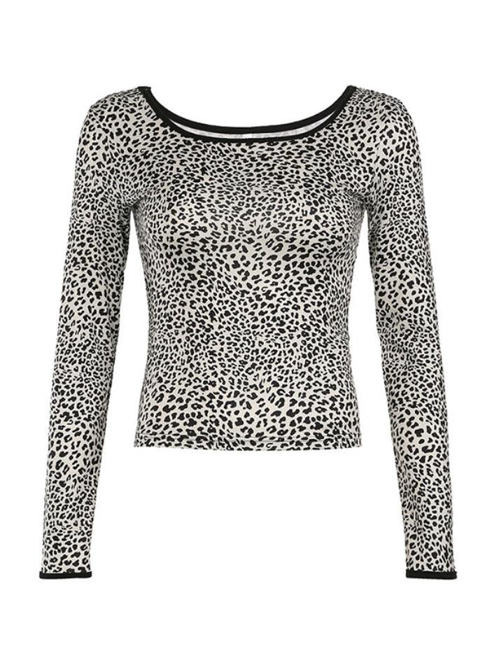 Leopard Print Round Neck Off Shoulder Long Sleeve Tee