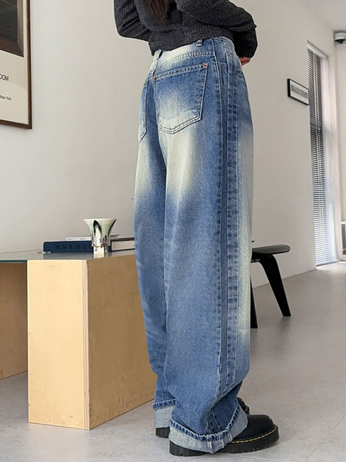 Washed Contrast Wide Legs Boyfriend Jeans