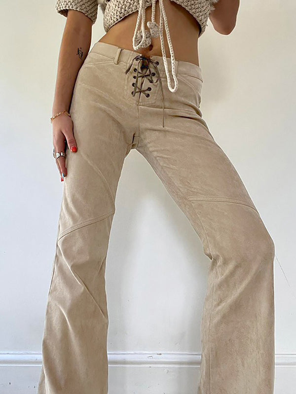 Vintage Tie Low-Rise Suede Flared Pants