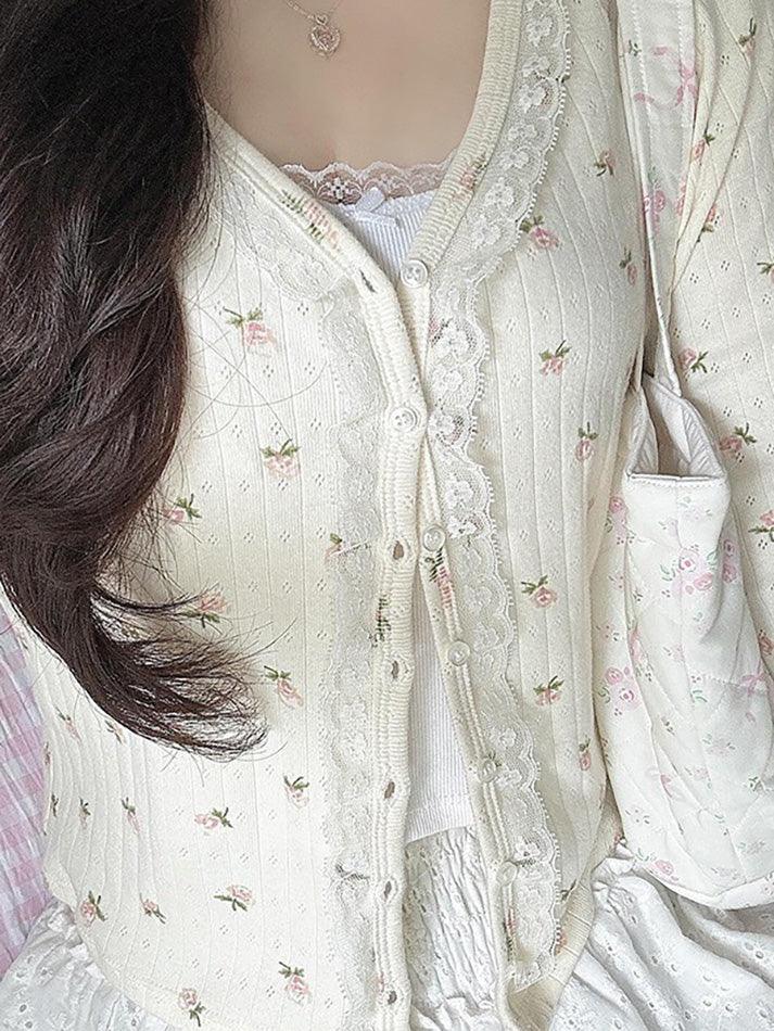 Lace Button-Up Fitted Long Sleeve Cardigan