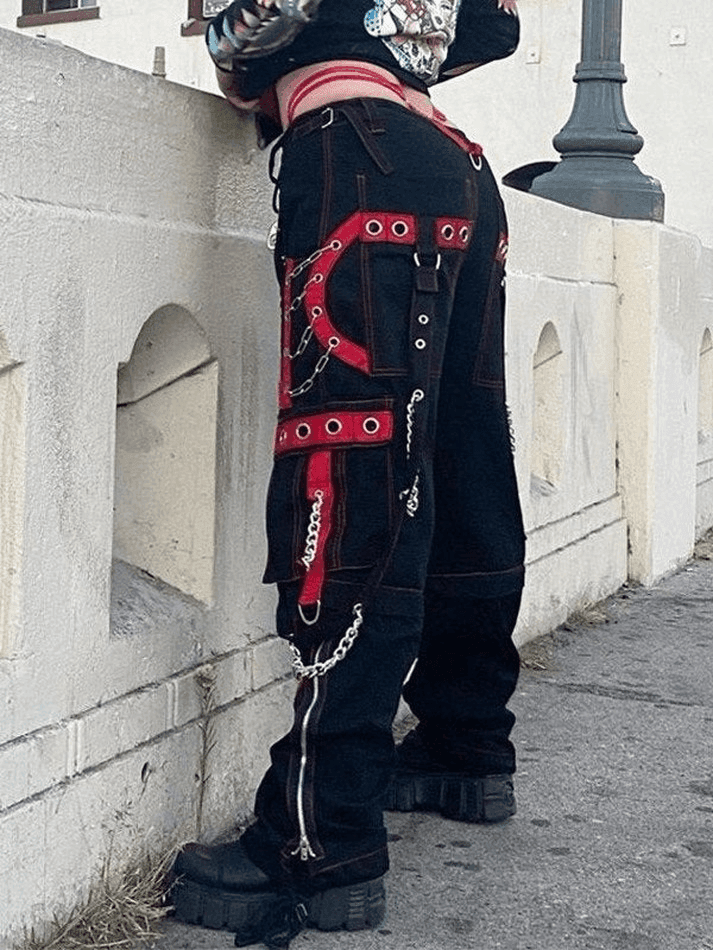 Chain Embellished Strap Straight Leg Pants - AnotherChill