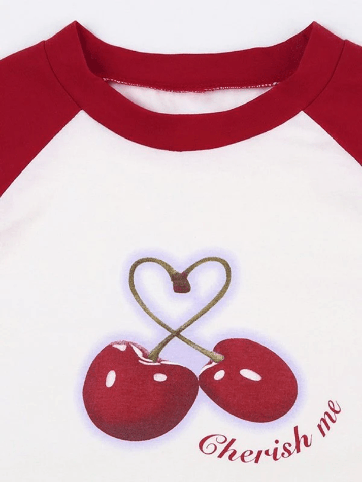 Cherry Print Raglan Short Sleeve Tee - AnotherChill