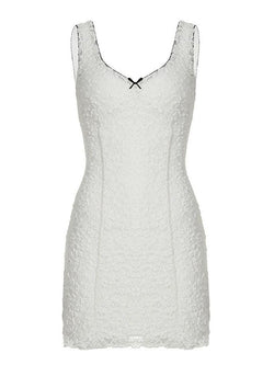 Contrast Lace Trim V-Neck Bow Double-Layer Dress - AnotherChill