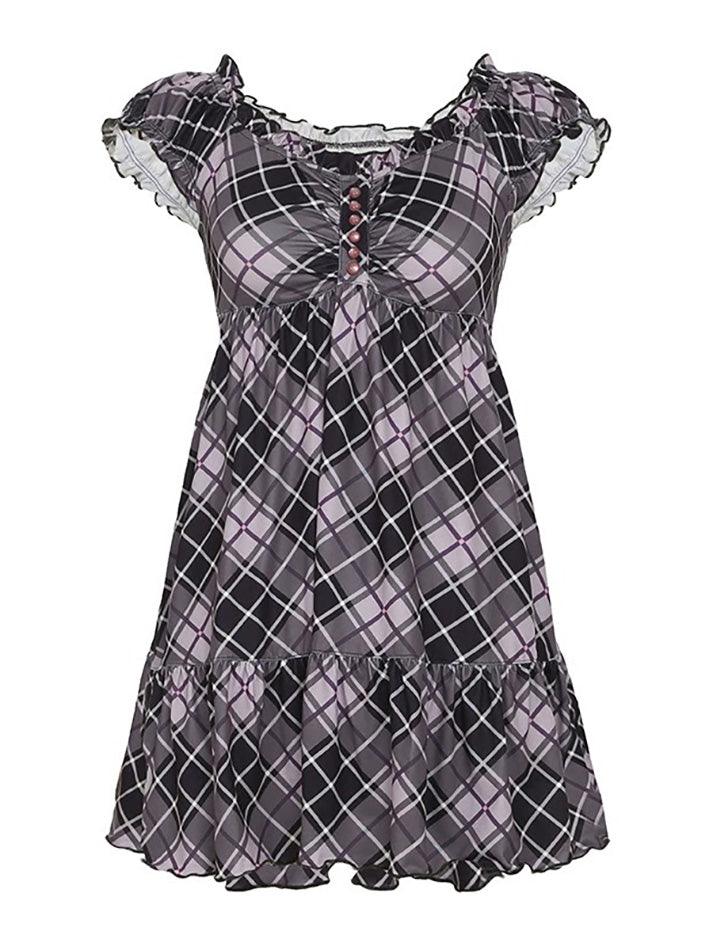 Contrast Ruffle Ruched U-Neck Plaid Top - AnotherChill