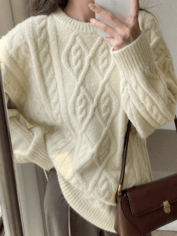 Crew Neck Cable Knit Pullover Sweater - AnotherChill