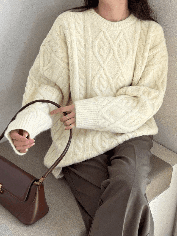 Crew Neck Cable Knit Pullover Sweater - AnotherChill