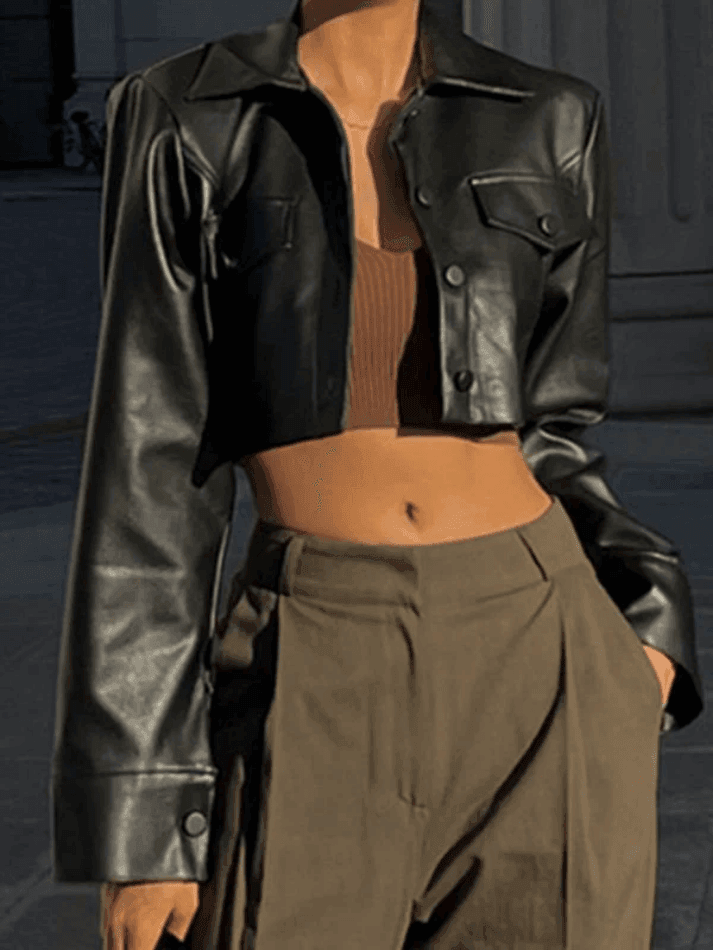 Cropped Black Faux Leather Biker Jacket - AnotherChill