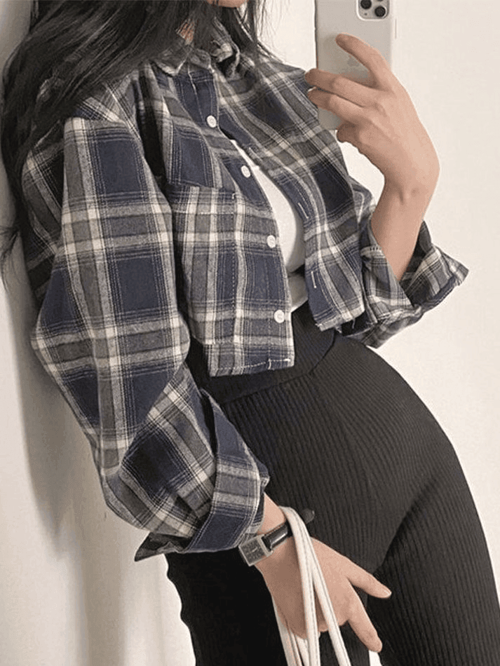 Cropped Long Sleeve Checkered Blouse - AnotherChill