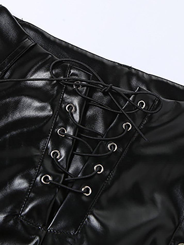 Cut-out Lace Up Pu Leather Pants - AnotherChill